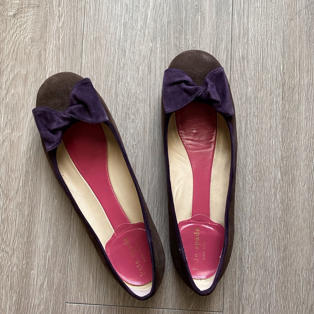 Kate Spade suede chocolate brown and purple combo flats size 8